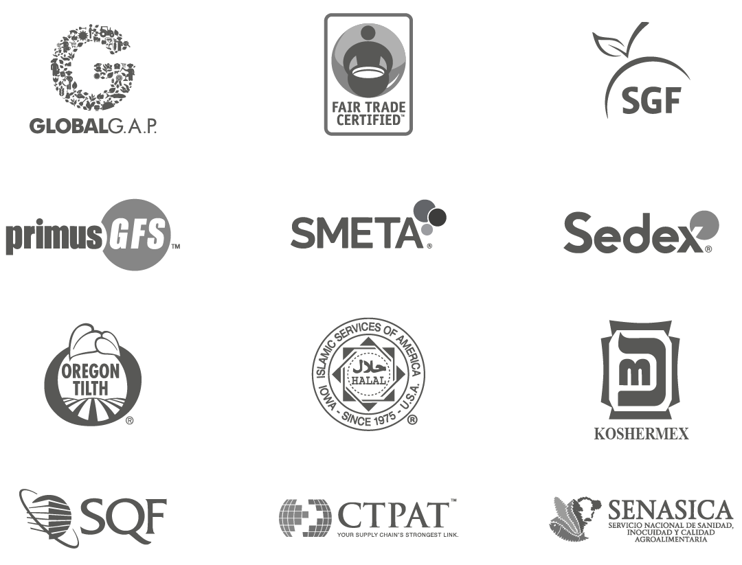 Certificaciones: Global GAP, Fair Trade, SGF, primusGFS, SMETA, Sedex, Oregon Tilth, Halal, Koshermex, SQF, CTPAT, SENASICA