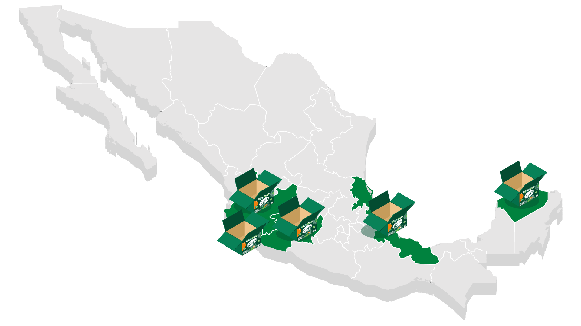 Mapa de México con estados donde SiCar Farms tiene presencia: Jalisco, Michoacán, Colima, Veracruz y Yucatán