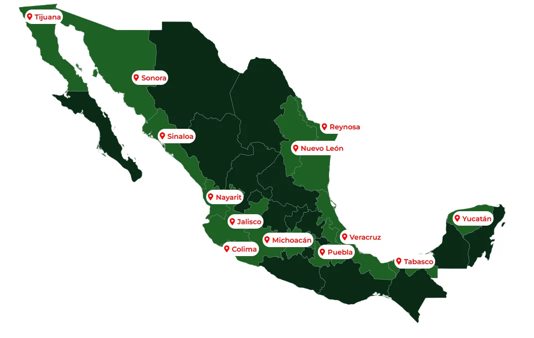 Mapa de envíos SiCar Farms — destinos a nivel internacional